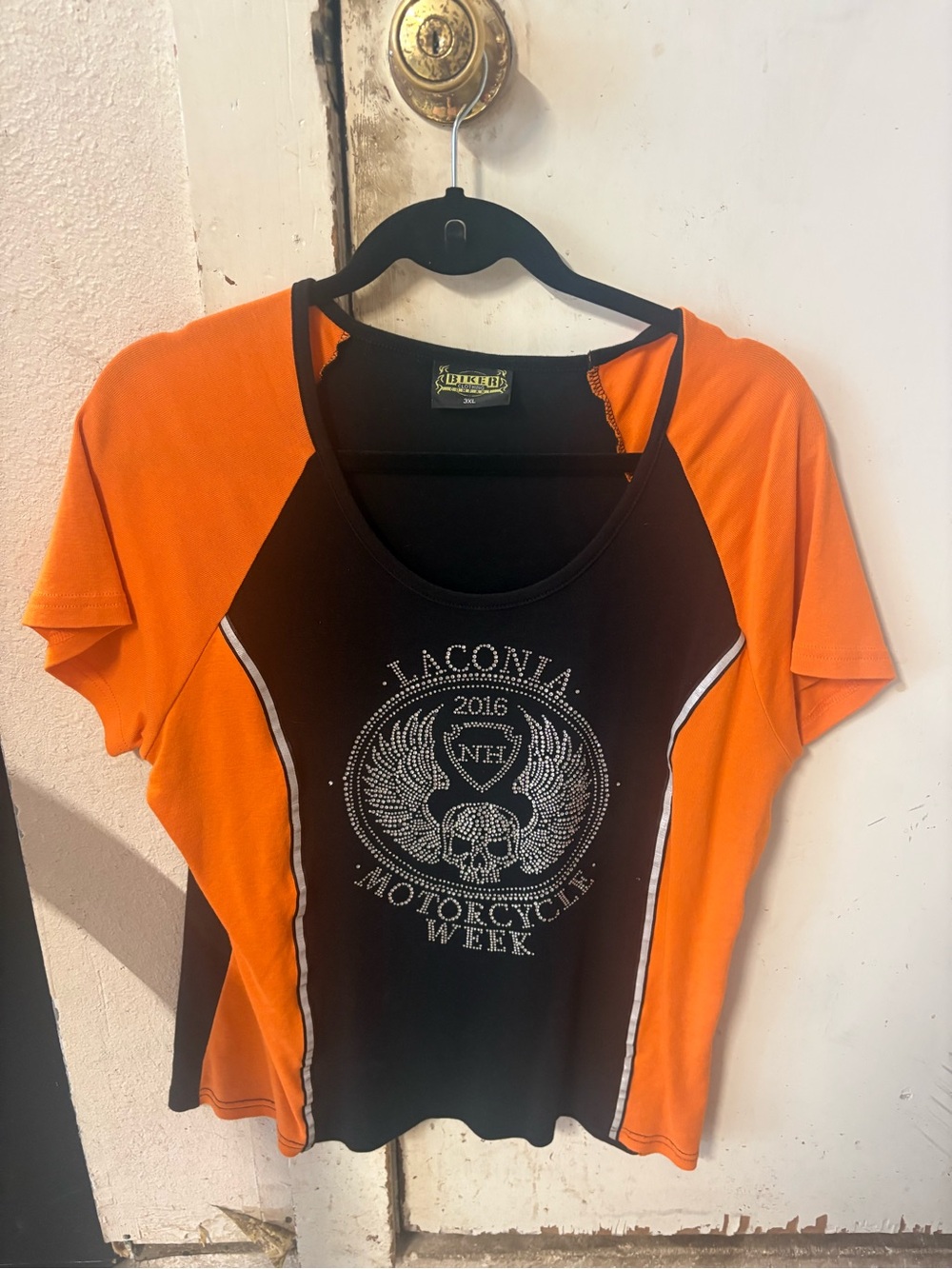 Onia Orange and Black Laconia Motorcycle Week Rhinestone Tee